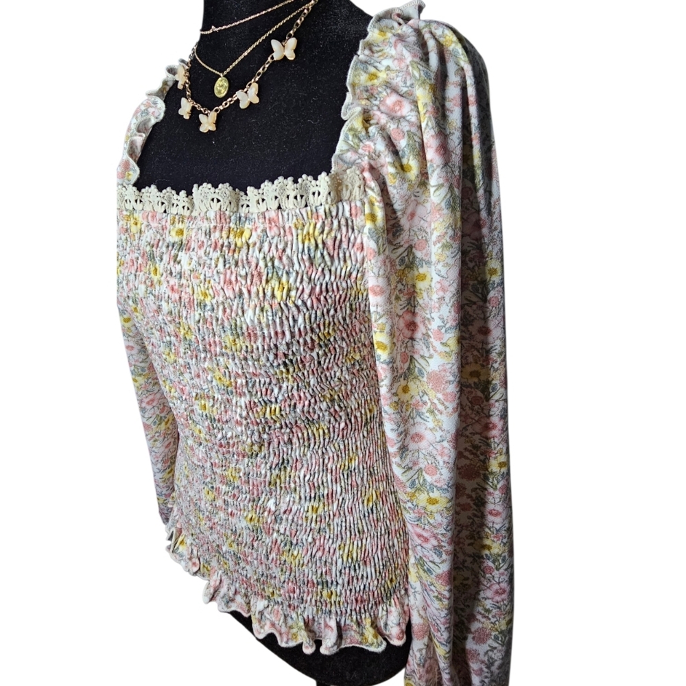 Ava Rose Summer Floral Boho Top ~ Puff Long Sleeve ~ Ruched Bodice - Picture 3 of 4